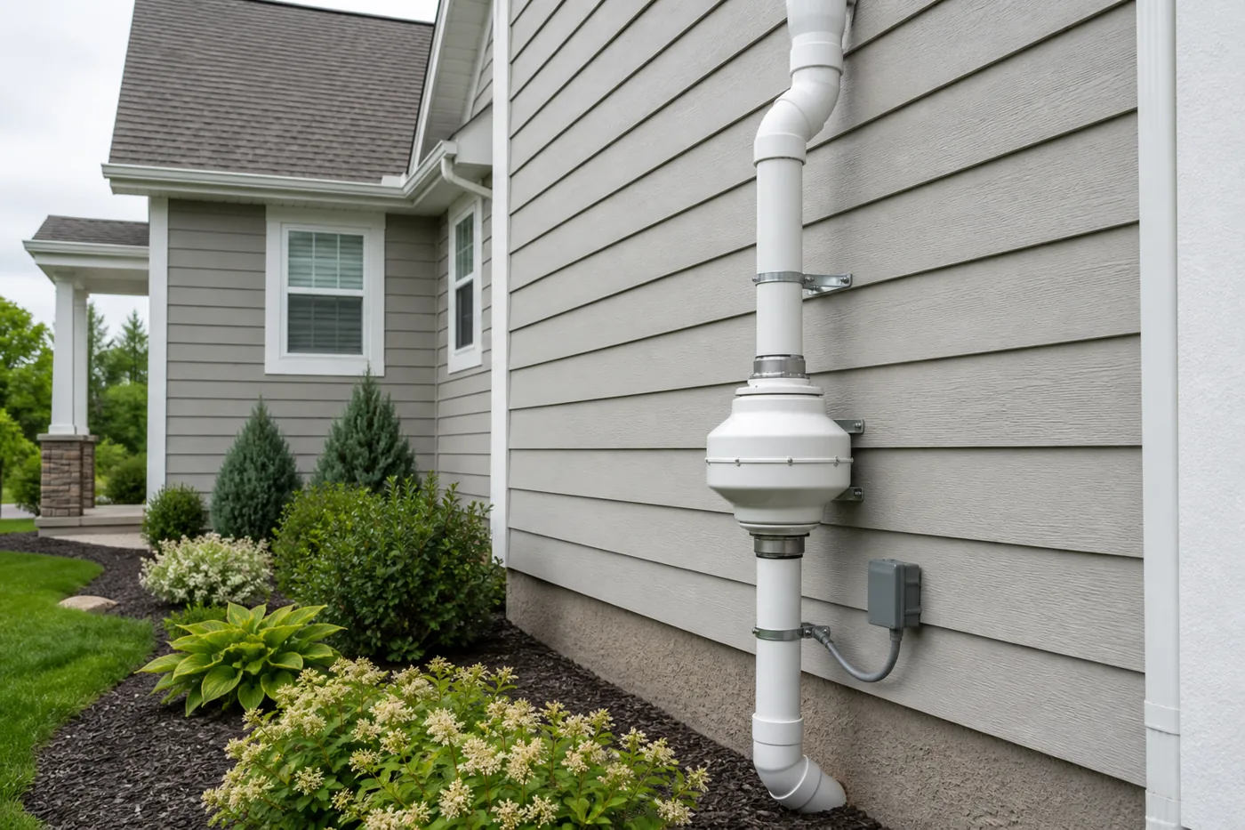 Clean residential radon mitigation system installed outside a home
